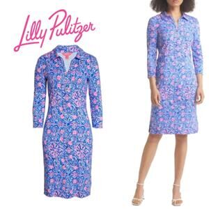 Sold Out Lilly Pulitzer Reema Polo Long Sleeve 3/4 Dress Blue Floral Small